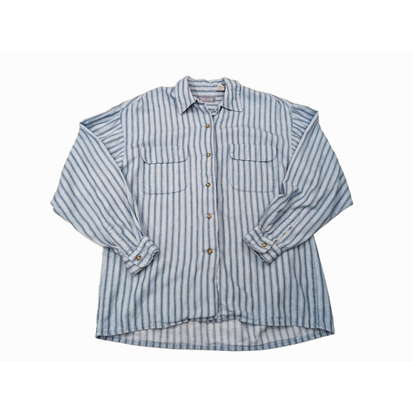 Vintage 90s Blouse Blue Stripe Cotton Oversize Top Shirt Misses Size M - Picture 5 of 7